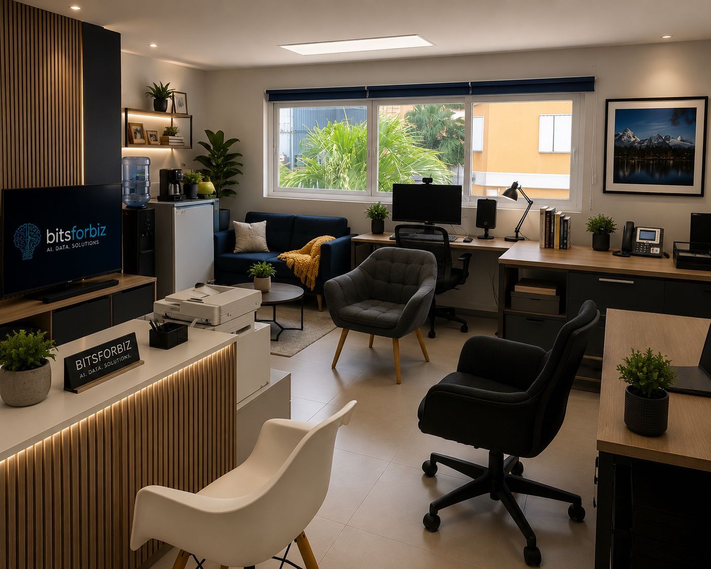 Bitsforbiz workspace with a reception counter, navy sofa and tropical view through the window