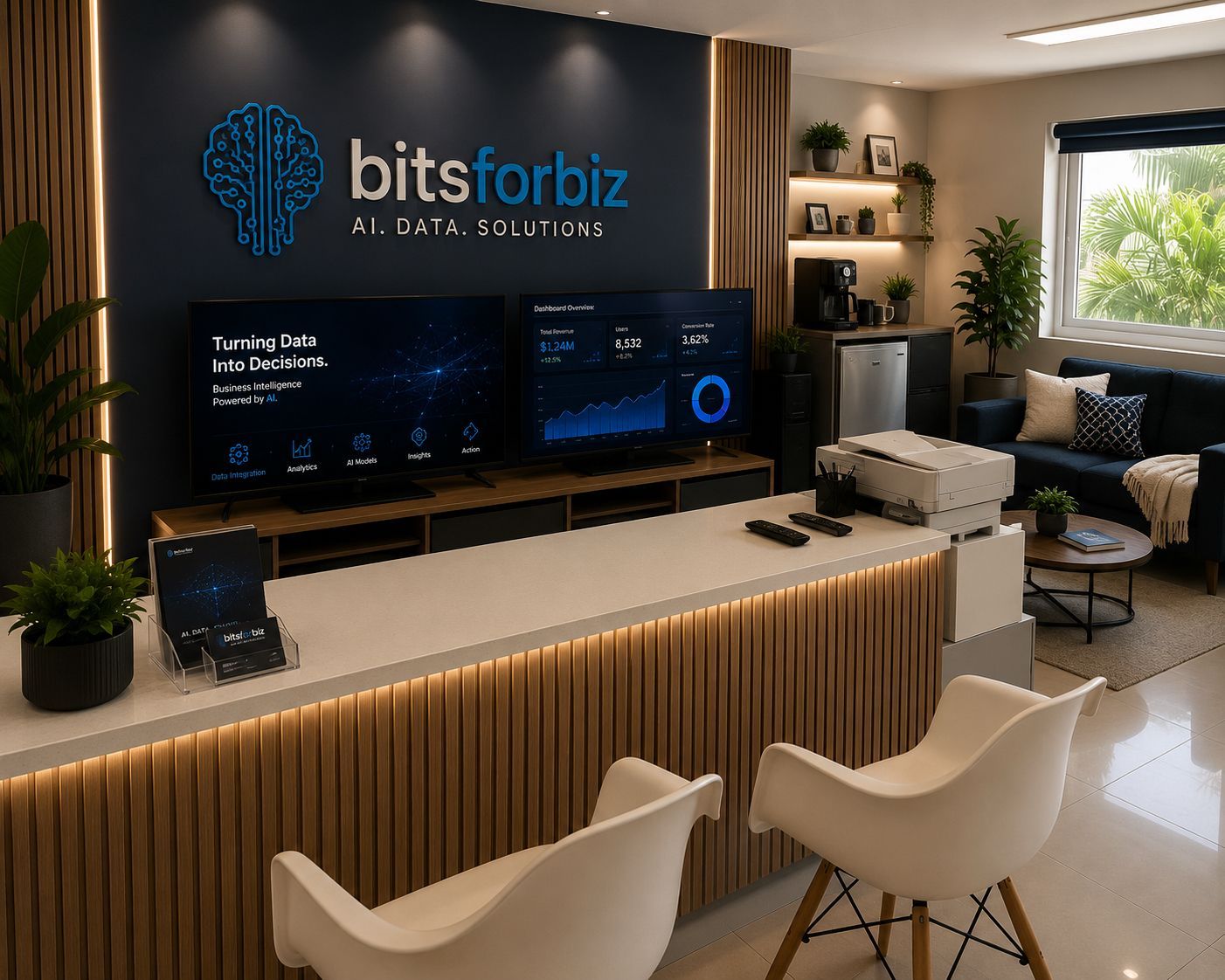 Bitsforbiz reception with the illuminated brain logo on a navy wall, two screens showing a BI dashboard, and an oak-slat counter